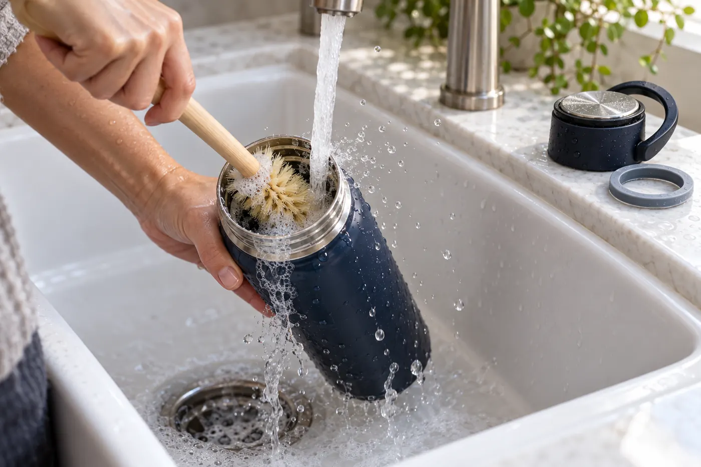 Mani che lavano l’interno di una borraccia blu con uno scovolino sotto l’acqua del rubinetto