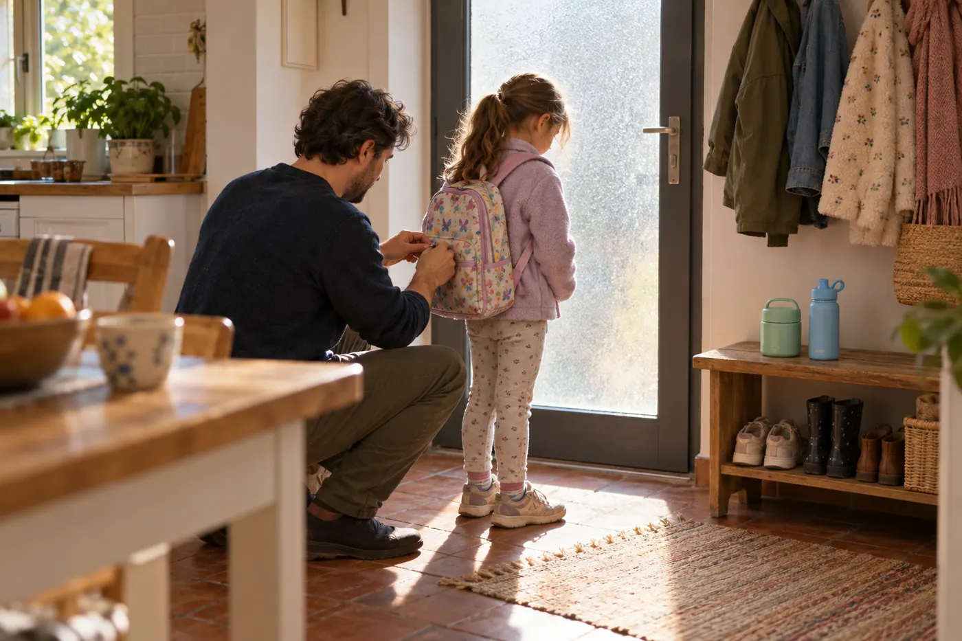 Papà chiude lo zaino della figlia prima di uscire per la scuola, sulla panca le borracce