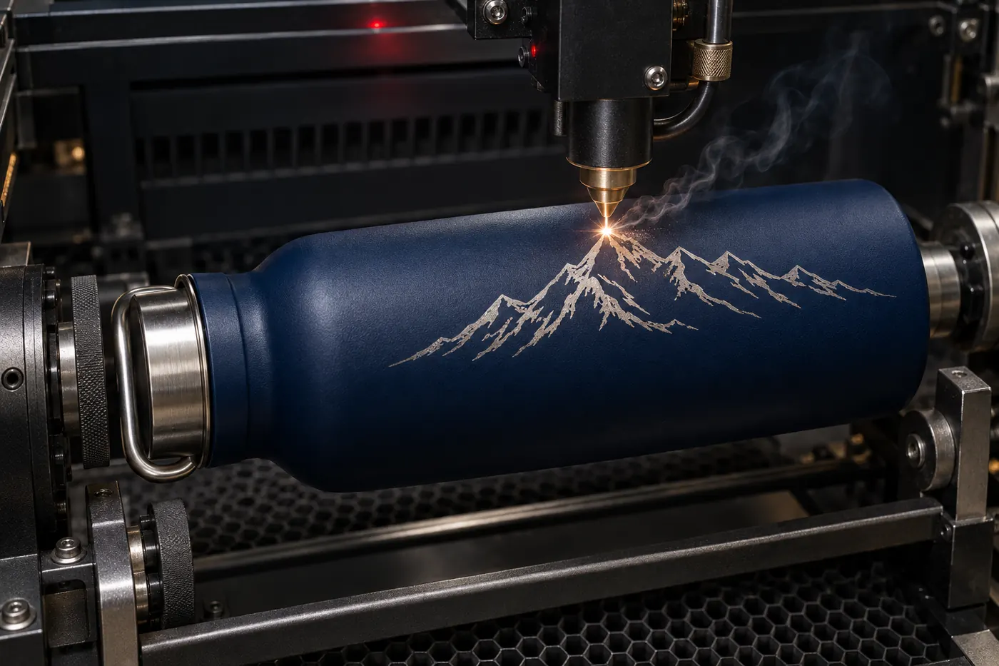 Testa laser che incide il profilo delle montagne su una borraccia blu
