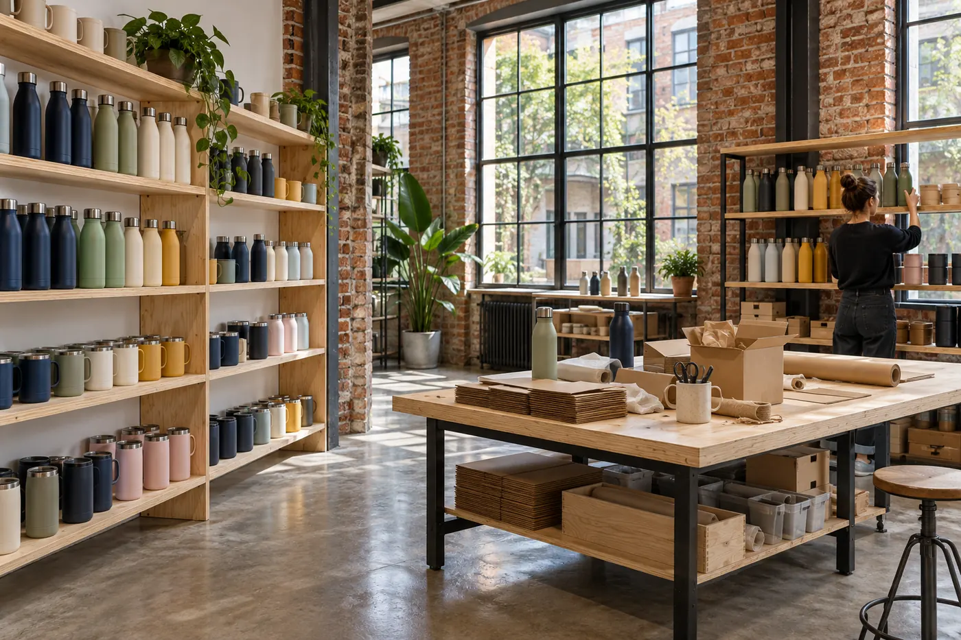 Lo showroom di 24Bottless con scaffali di borracce colorate e un grande tavolo per gli imballi