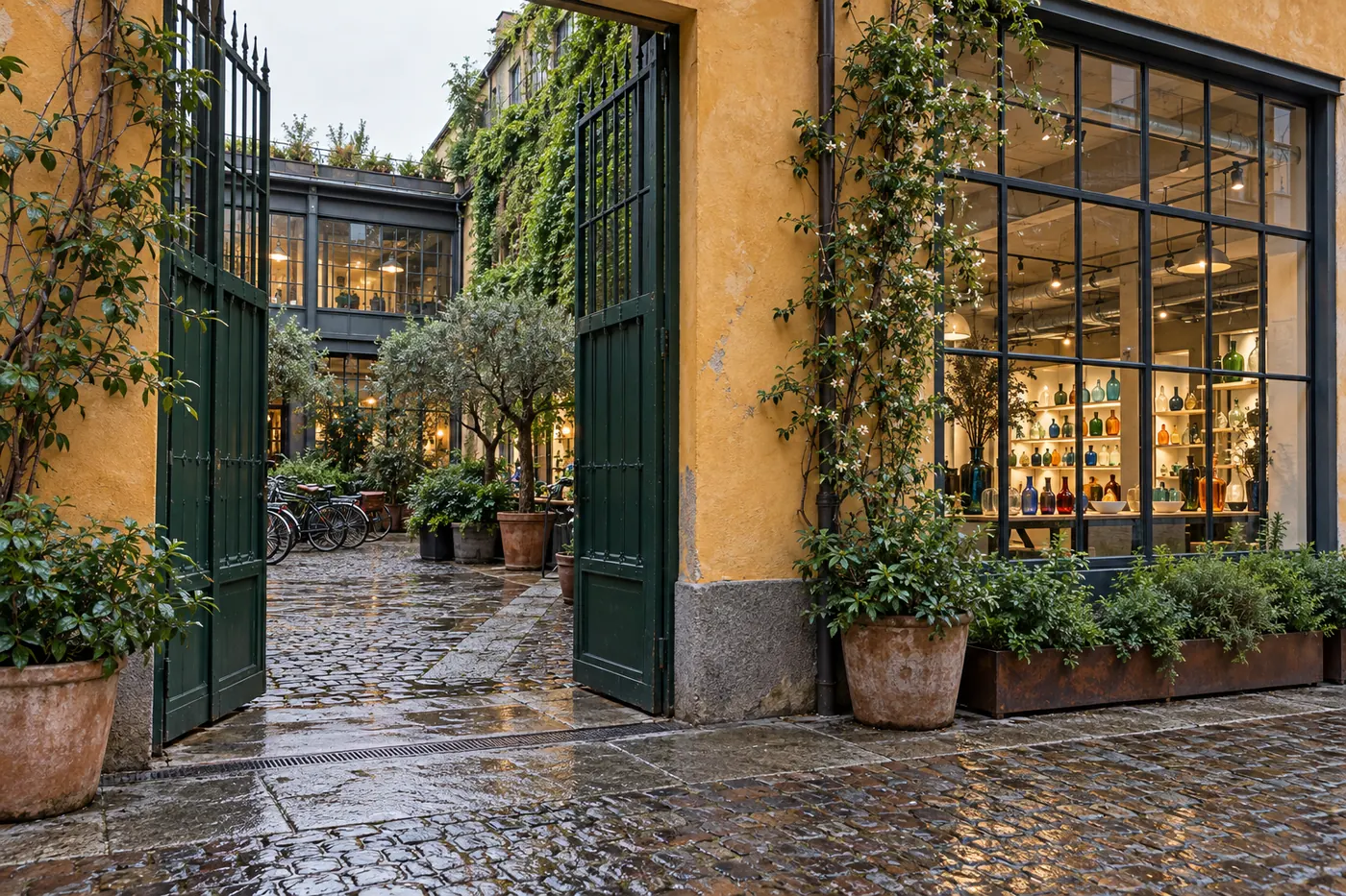 Ingresso del cortile in via Tortona con il portone verde e la vetrina dello showroom